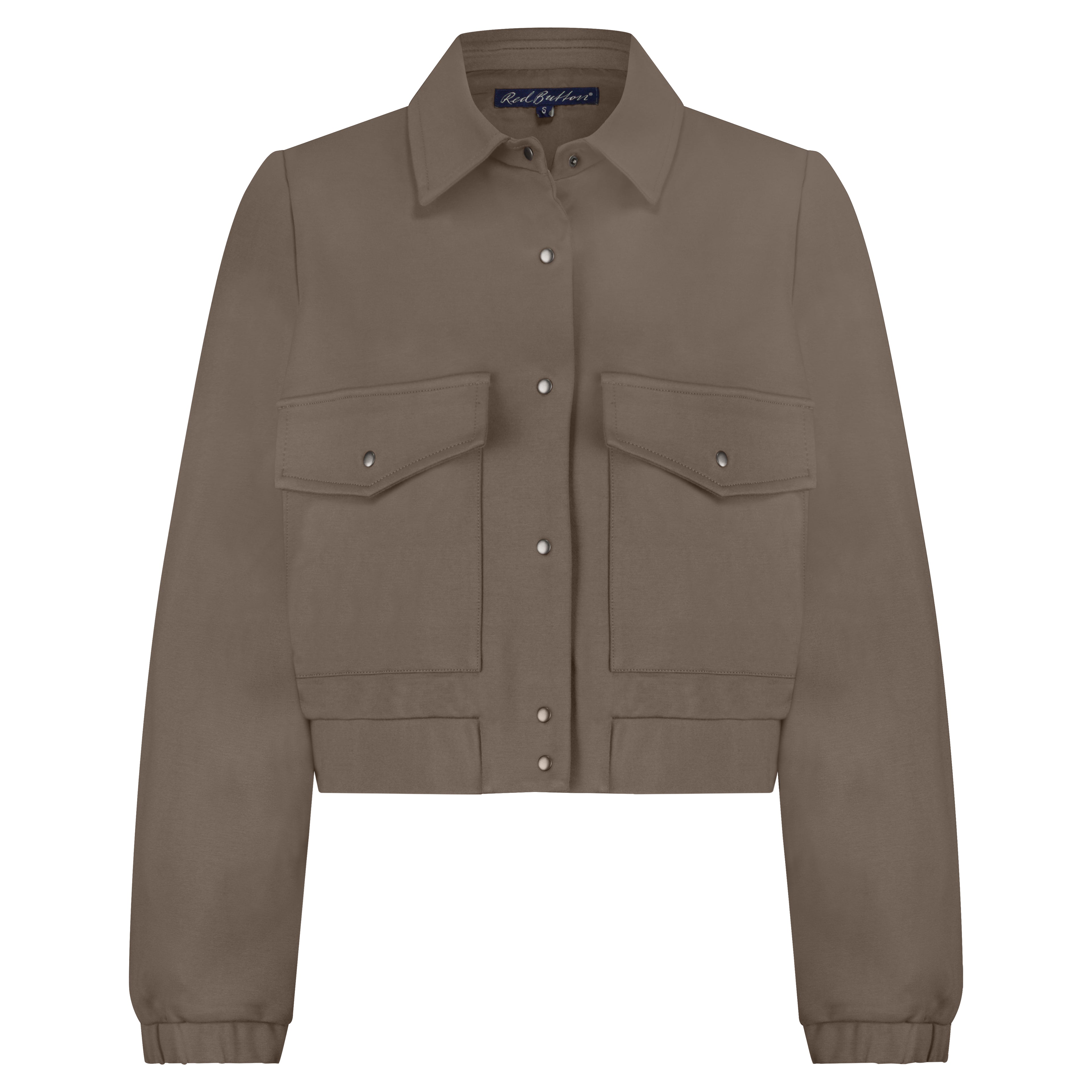 Red Button Bomber JKT Punta in Warm Taupe—soft viscose-blend bomber jacket on mannequin.