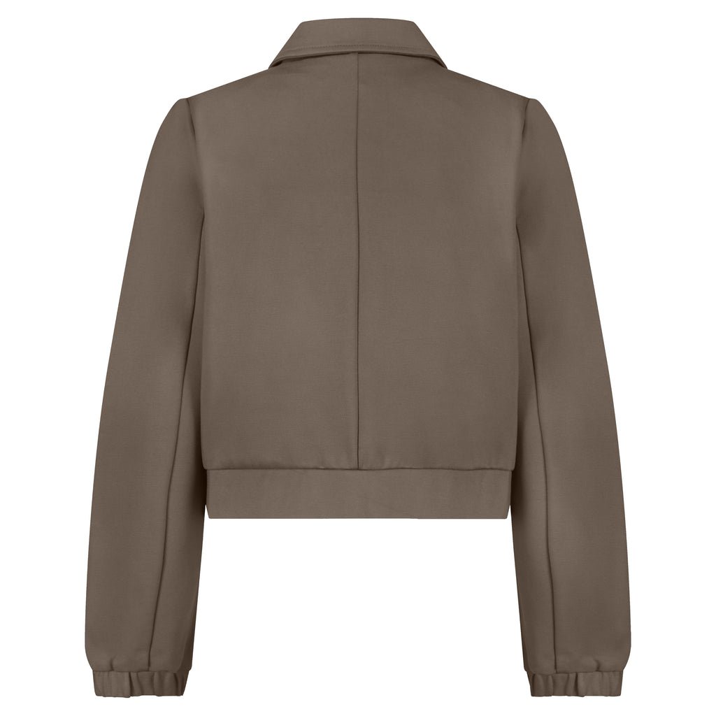 Red Button Bomber JKT Punta in Warm Taupe—soft viscose-blend bomber jacket on mannequin.