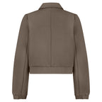 Red Button Bomber JKT Punta in Warm Taupe—soft viscose-blend bomber jacket on mannequin.