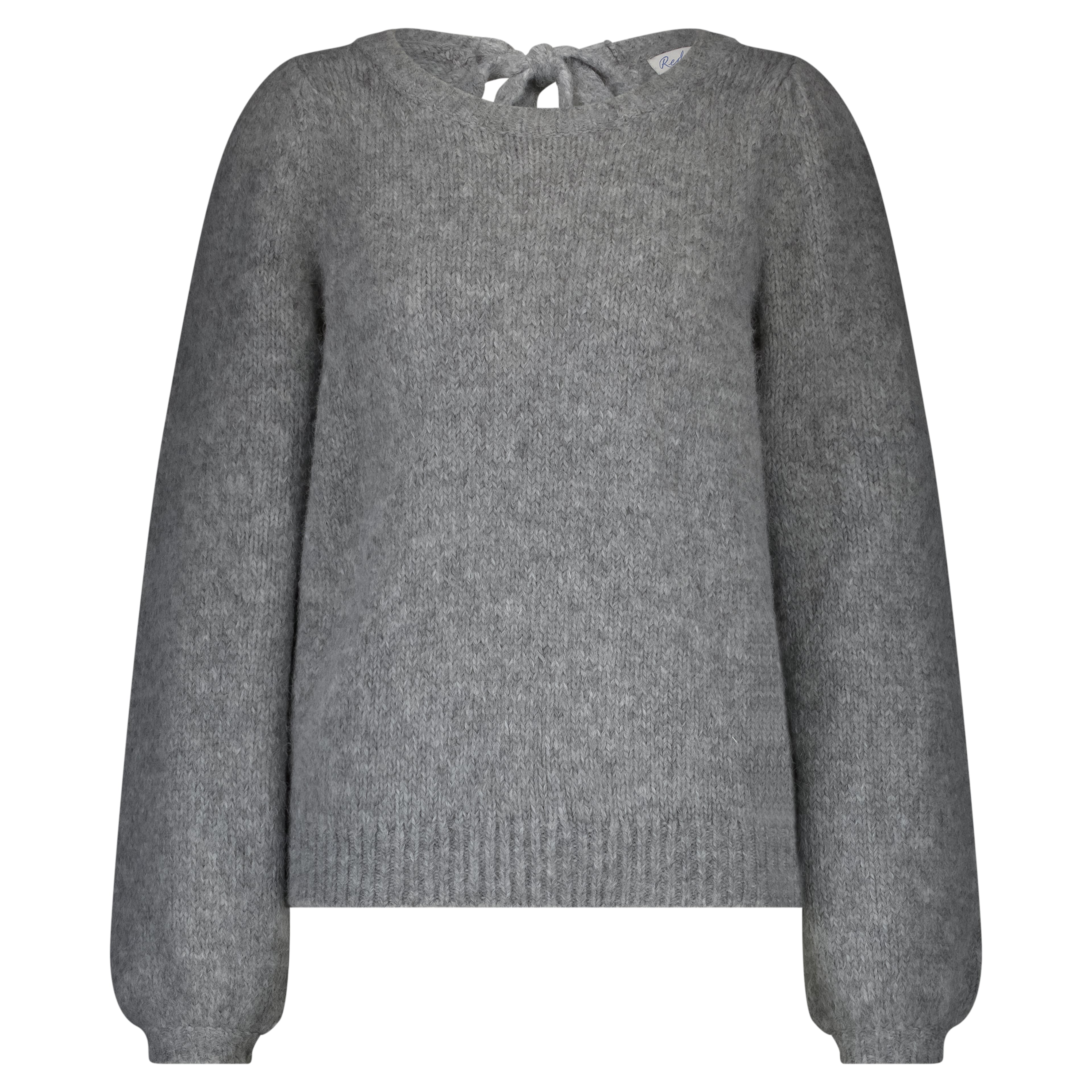 Red Button Sweater with Knot in Grey Melange—soft alpaca-blend knit with front knot detail on mannequin