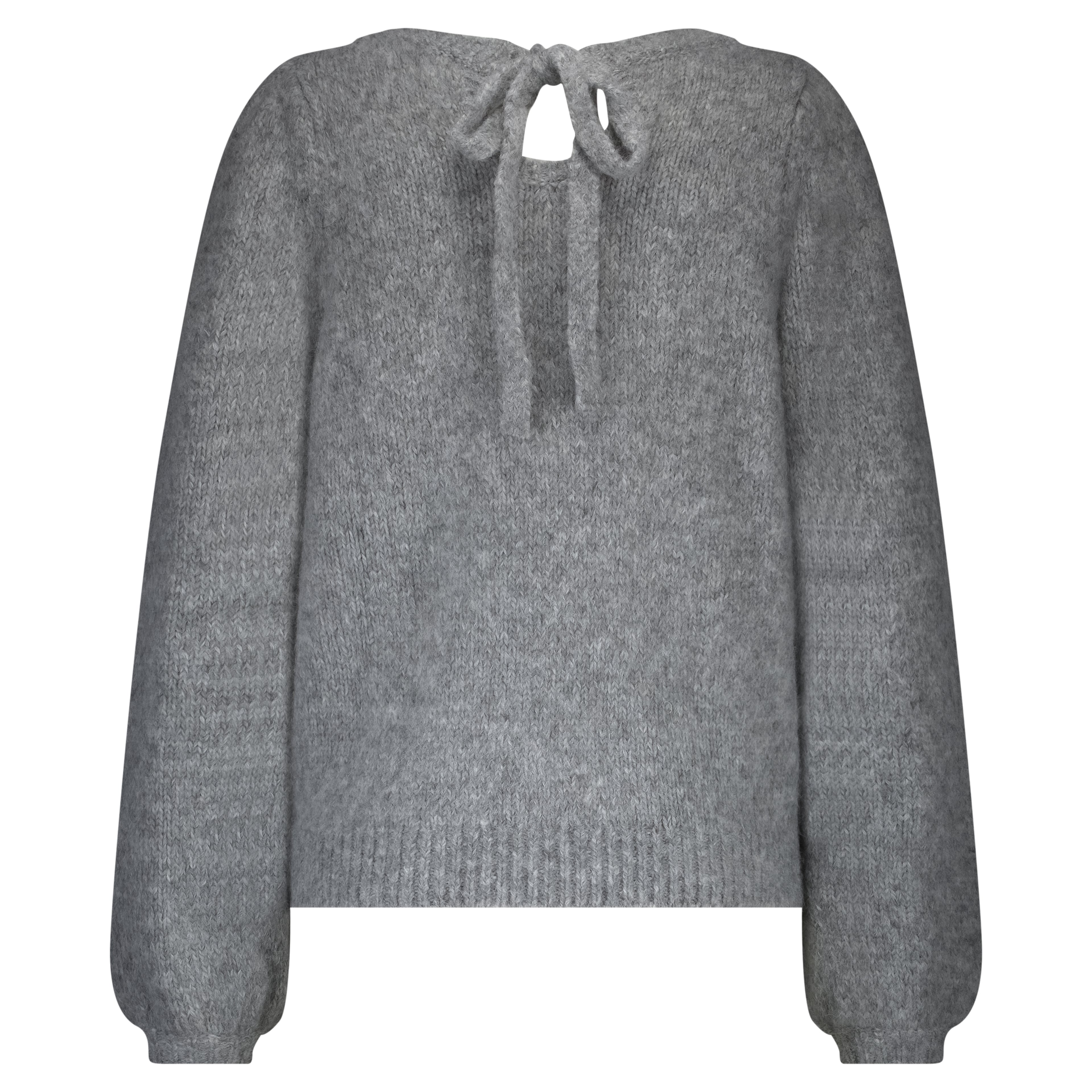 Red Button Sweater with Knot in Grey Melange—soft alpaca-blend knit with front knot detail on mannequin