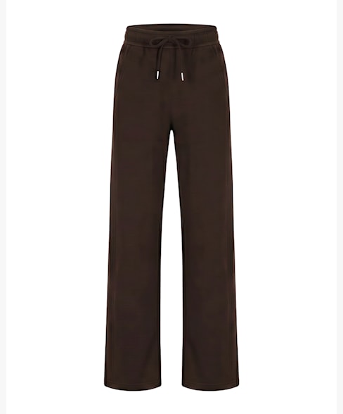 Colette Scuba Wide Leg Jeans in  Espresso with an elastic drawstring waistband, shown against a plain white background.