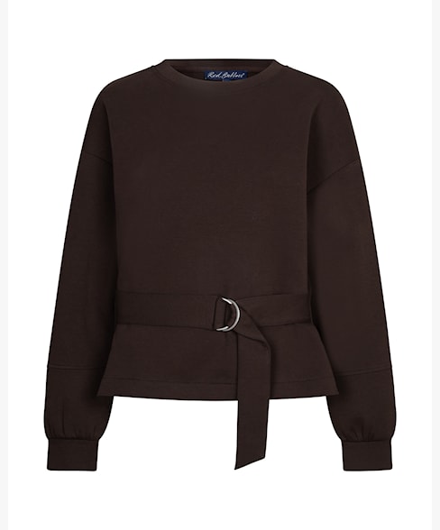 A black long-sleeve crewneck sweatshirt with a matching waist tie belt featuring a silver metal ring buckle, shown on a plain white background.