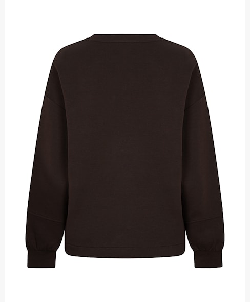 A dark brown crewneck sweatshirt shown from the back, featuring a relaxed fit and ribbed cuffs and hem, set against a plain white background.
