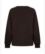 A dark brown crewneck sweatshirt shown from the back, featuring a relaxed fit and ribbed cuffs and hem, set against a plain white background.