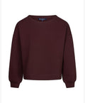 A dark burgundy crewneck sweatshirt with long sleeves and ribbed cuffs, displayed against a plain white background.
