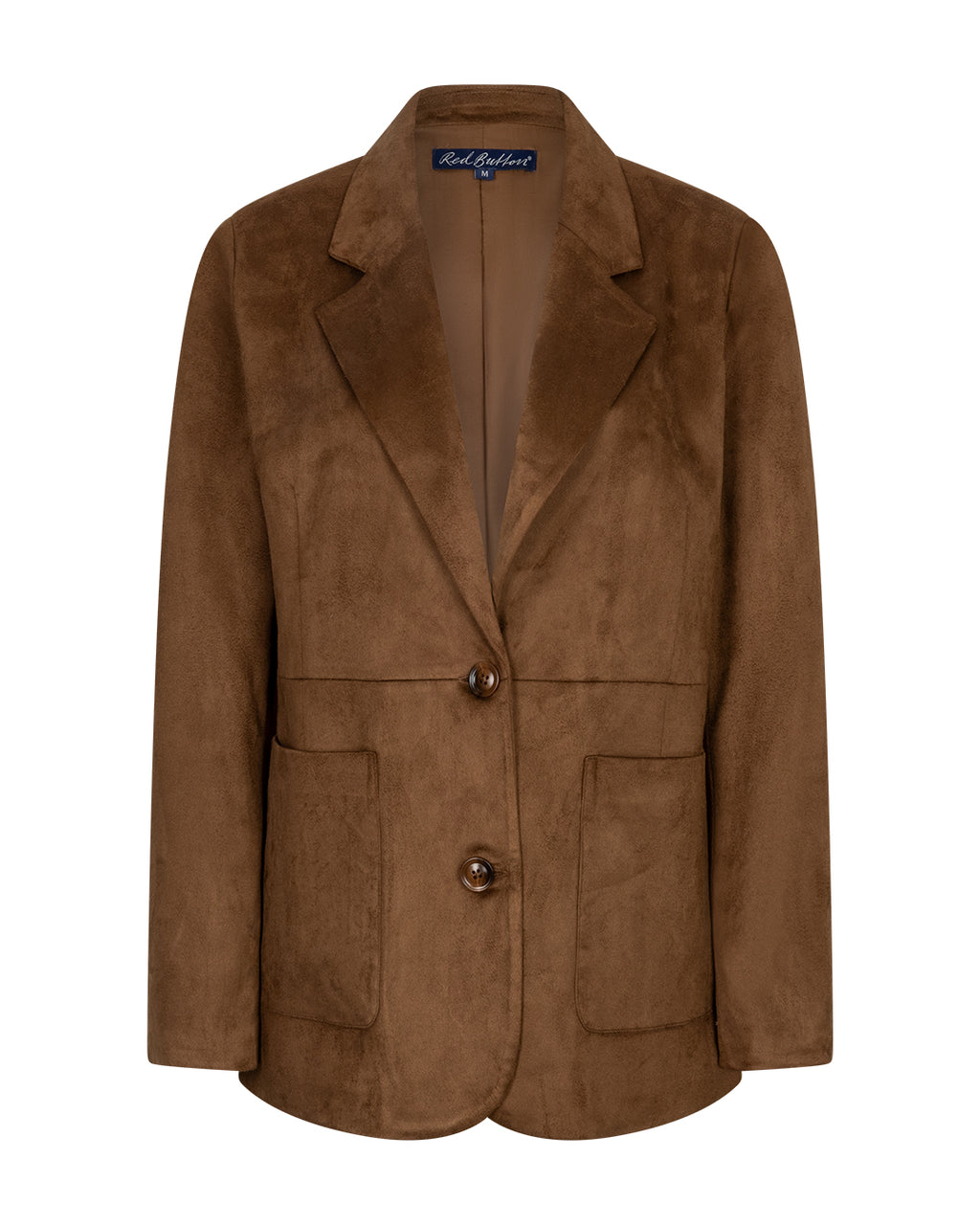 A brown suede blazer jacket with notch lapels, two front buttons, and two front patch pockets, shown against a plain white background. The brand label inside the collar reads 'Real Leather'.