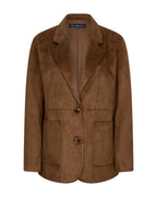 A brown suede blazer jacket with notch lapels, two front buttons, and two front patch pockets, shown against a plain white background. The brand label inside the collar reads 'Real Leather'.