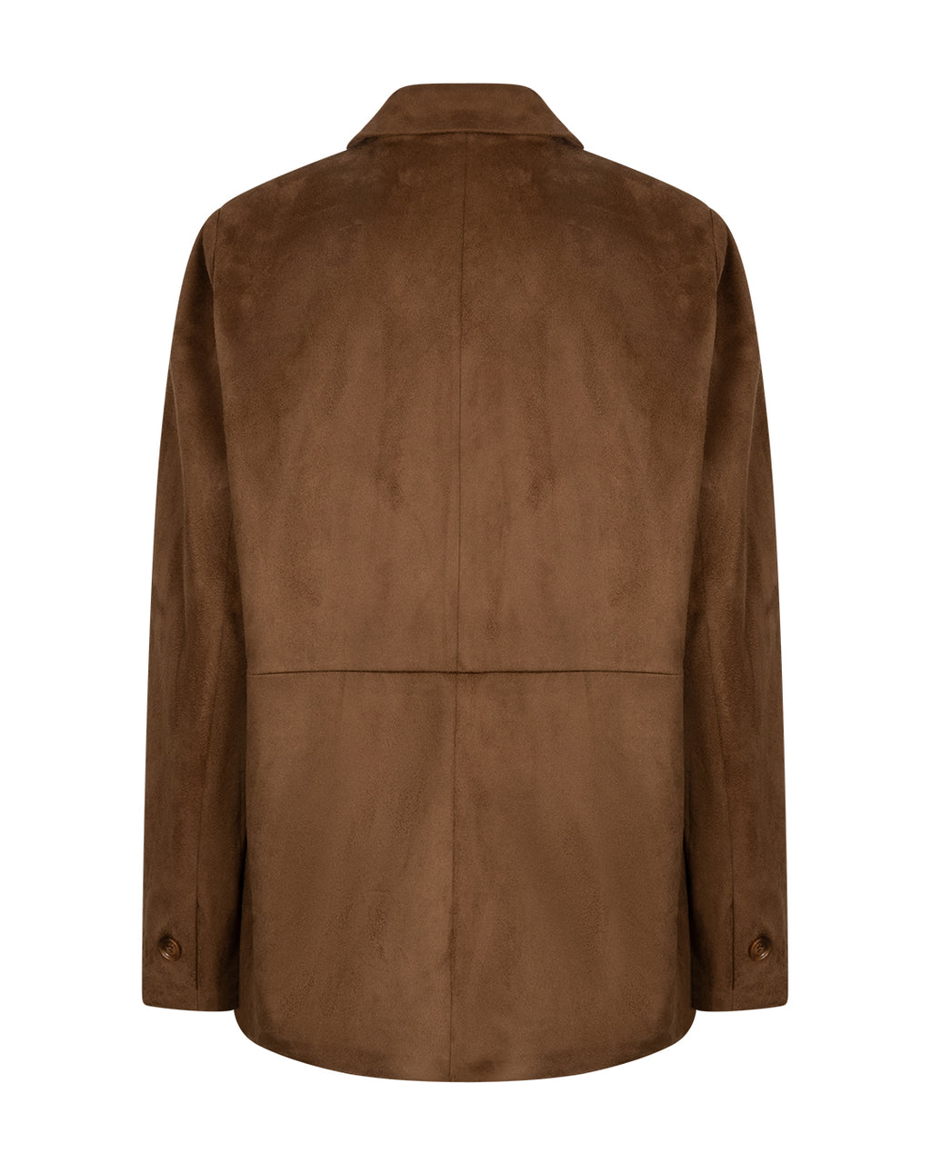 A brown suede jacket shown from the back, featuring a collar, long sleeves, and a central seam, photographed against a solid white background.