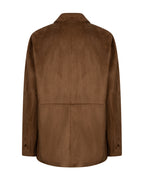 A brown suede jacket shown from the back, featuring a collar, long sleeves, and a central seam, photographed against a solid white background.
