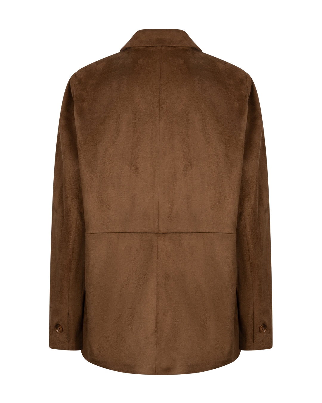 A brown suede jacket shown from the back, featuring a collar, long sleeves, and a central seam, photographed against a solid white background.