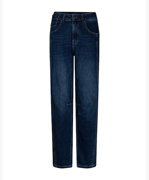 A pair of dark blue straight-leg jeans shown flat against a plain white background.