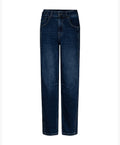 A pair of dark blue straight-leg jeans shown flat against a plain white background.