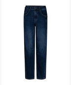 A pair of dark blue straight-leg jeans shown flat against a plain white background.