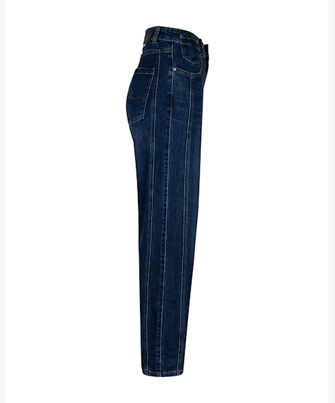 A pair of dark blue denim jeans shown from the side profile against a plain white background.