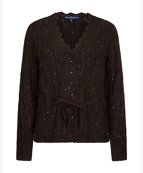 A dark brown cable-knit cardigan sweater with a scalloped V-neck, button-front closure, and a matching drawstring tie at the waist, shown on a plain white background.