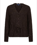 A dark brown cable-knit cardigan sweater with a scalloped V-neck, button-front closure, and a matching drawstring tie at the waist, shown on a plain white background.