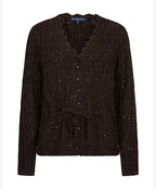 A dark brown cable-knit cardigan sweater with a scalloped V-neck, button-front closure, and a matching drawstring tie at the waist, shown on a plain white background.