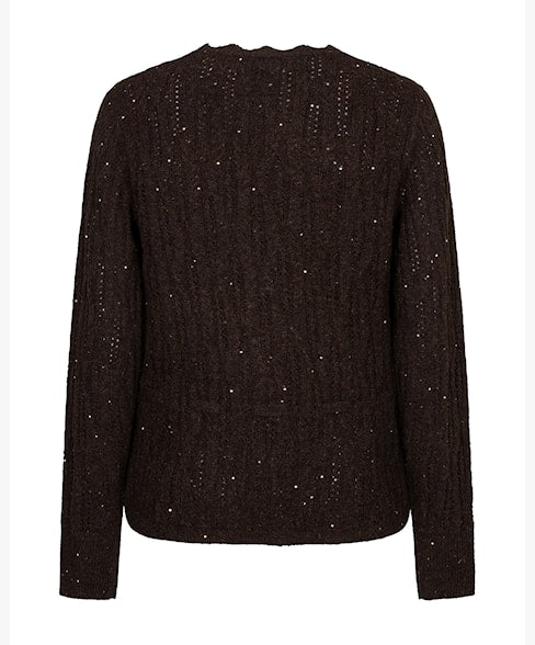 A dark brown cable-knit sweater with small silver bead accents, shown from the back on a white background.
