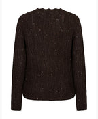 A dark brown cable-knit sweater with small silver bead accents, shown from the back on a white background.