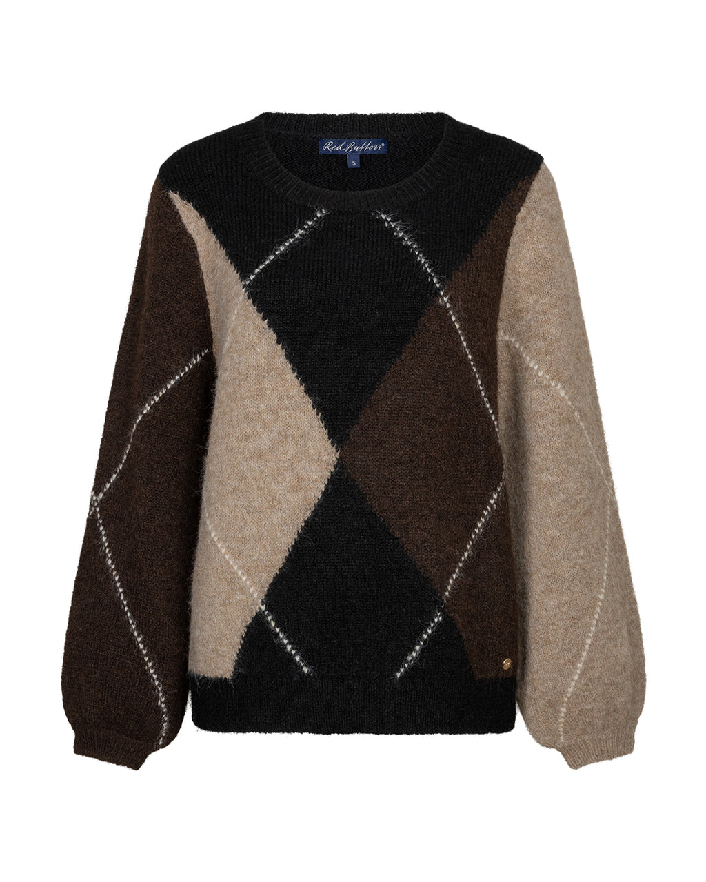 A fuzzy knit crewneck sweater with an argyle pattern in black, dark brown, beige, and medium brown, featuring white dotted diamond lines and a blue 'Ted Baker' label at the collar.