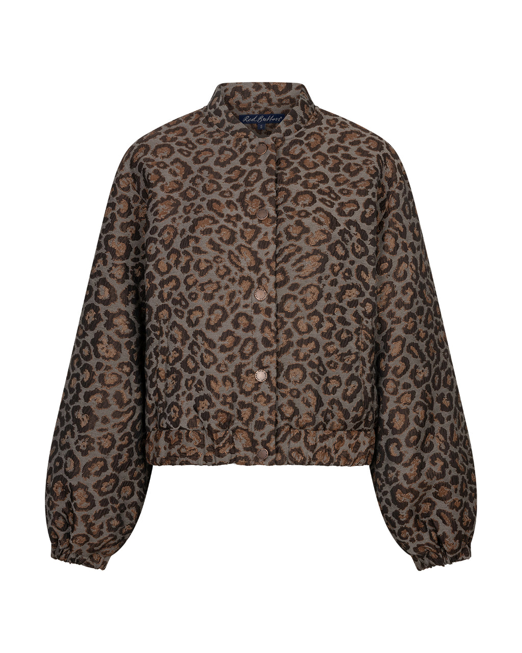 A cropped button-up jacket featuring a brown and beige leopard print pattern, displayed on a clean white background.