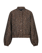 A cropped button-up jacket featuring a brown and beige leopard print pattern, displayed on a clean white background.