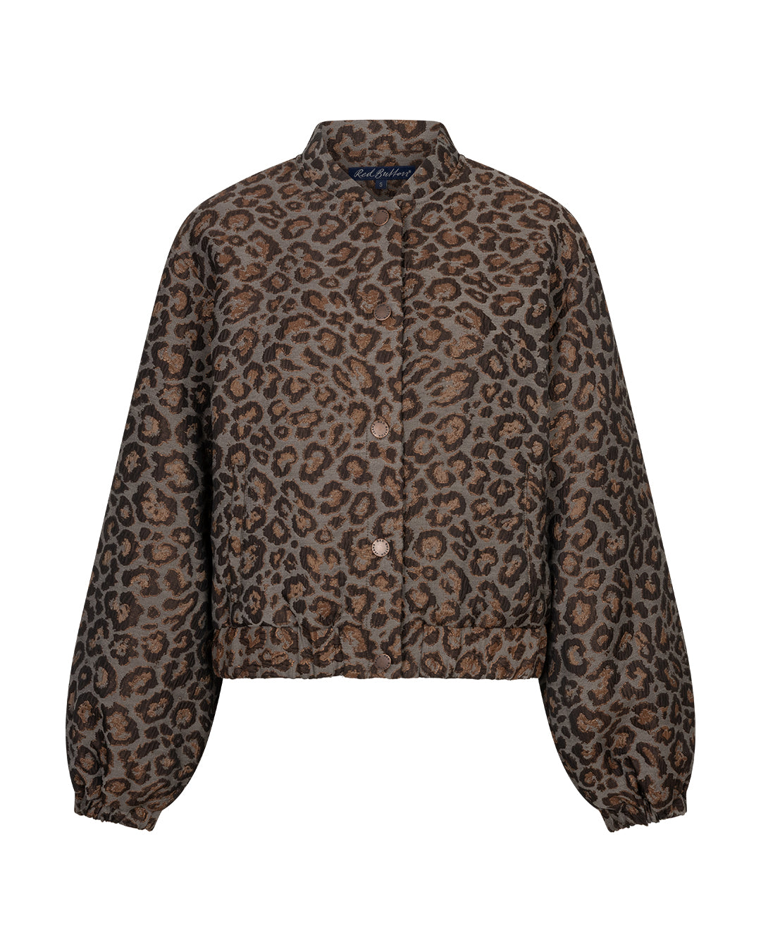 A cropped button-up jacket featuring a brown and beige leopard print pattern, displayed on a clean white background.