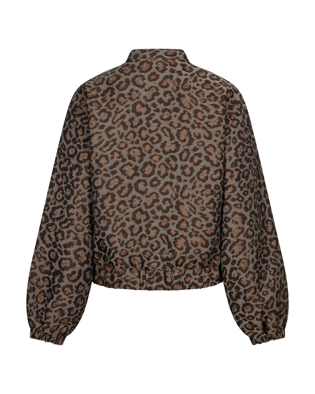 A cropped long-sleeve jacket with a brown and beige leopard print pattern, shown from the back on a plain white background.