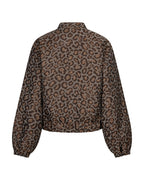 A cropped long-sleeve jacket with a brown and beige leopard print pattern, shown from the back on a plain white background.