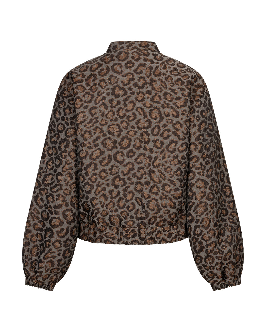 A cropped long-sleeve jacket with a brown and beige leopard print pattern, shown from the back on a plain white background.