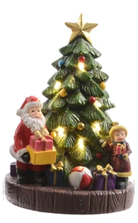 Lumineo LED Christmas scene with children, Santa, and tree – warm white lights, indoor décor, battery powered, 15.5cm polyresin figure