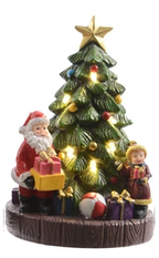 Lumineo LED Christmas scene with children, Santa, and tree – warm white lights, indoor décor, battery powered, 15.5cm polyresin figure