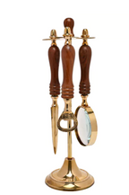 HARVEY MAKIN MAGNIFYING GLASS, LETTER OPENER & BOTTLE OPENER SET ON STAND - Flemings Department Store