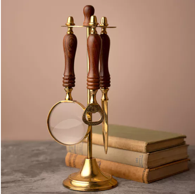 HARVEY MAKIN MAGNIFYING GLASS, LETTER OPENER & BOTTLE OPENER SET ON STAND - Flemings Department Store
