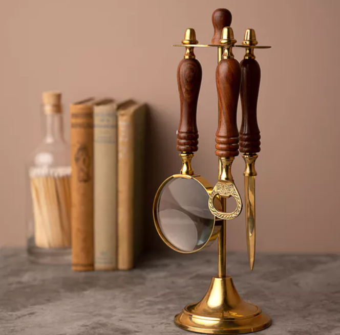 HARVEY MAKIN MAGNIFYING GLASS, LETTER OPENER & BOTTLE OPENER SET ON STAND - Flemings Department Store