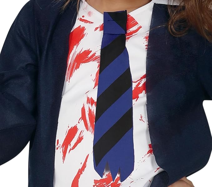 Person wearing a navy blazer over a white shirt with red abstract patterns and a blue striped tie.