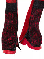 Red and black patterned sock with a red sole on a white background