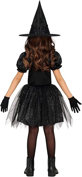 Child wearing a black witch costume with a hat, dress, and gloves on a white background