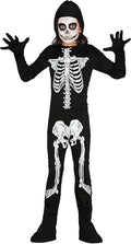 Child wearing a black skeleton costume with white bones on a white background