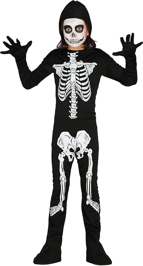 Child wearing a black skeleton costume with white bones on a white background