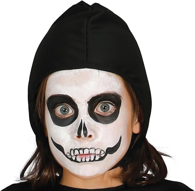 Person wearing a black hood and skeleton face paint on a white background
