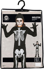 Skeleton costume packaging with a child figure on a white background
