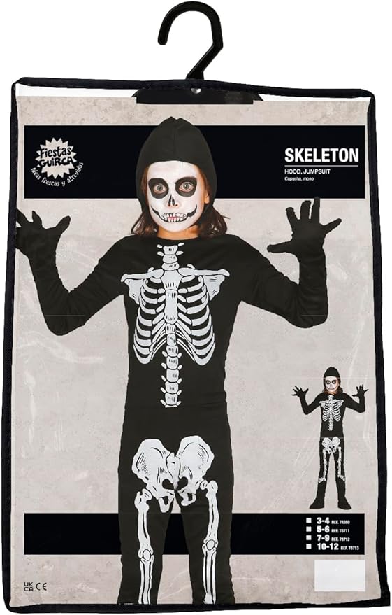 Skeleton costume packaging with a child figure on a white background