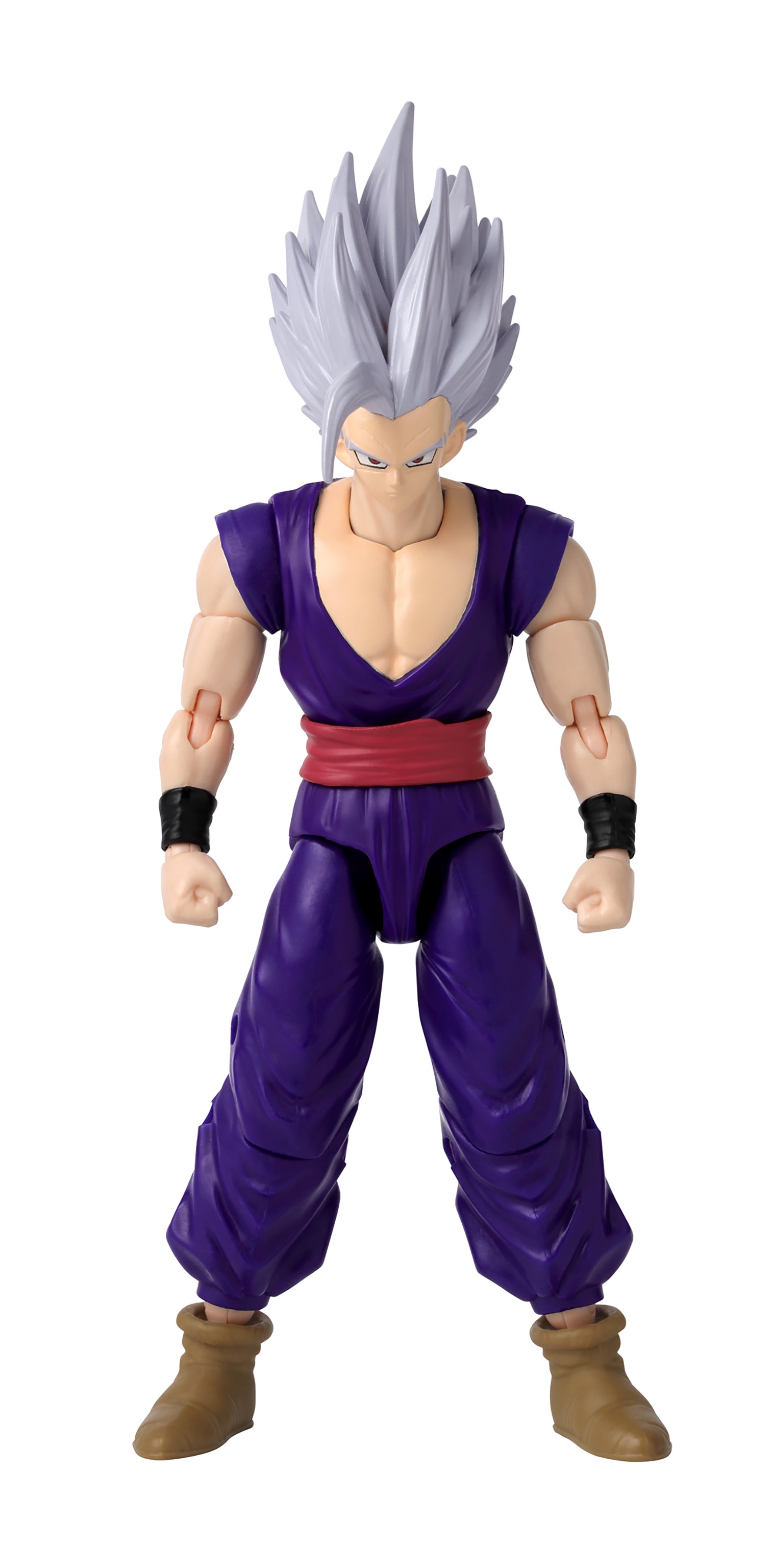 Action figure in purple outfit with gray spiky hair on a white background