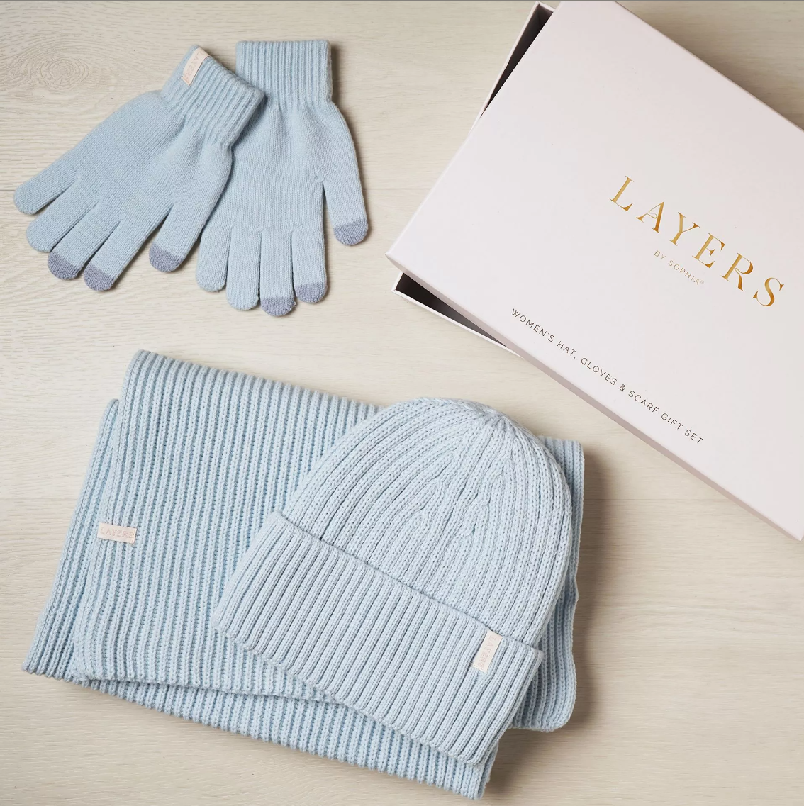 Sophia Layers Cosy Knit Hat, Glove & Scarf Gift Set – Powder Blue