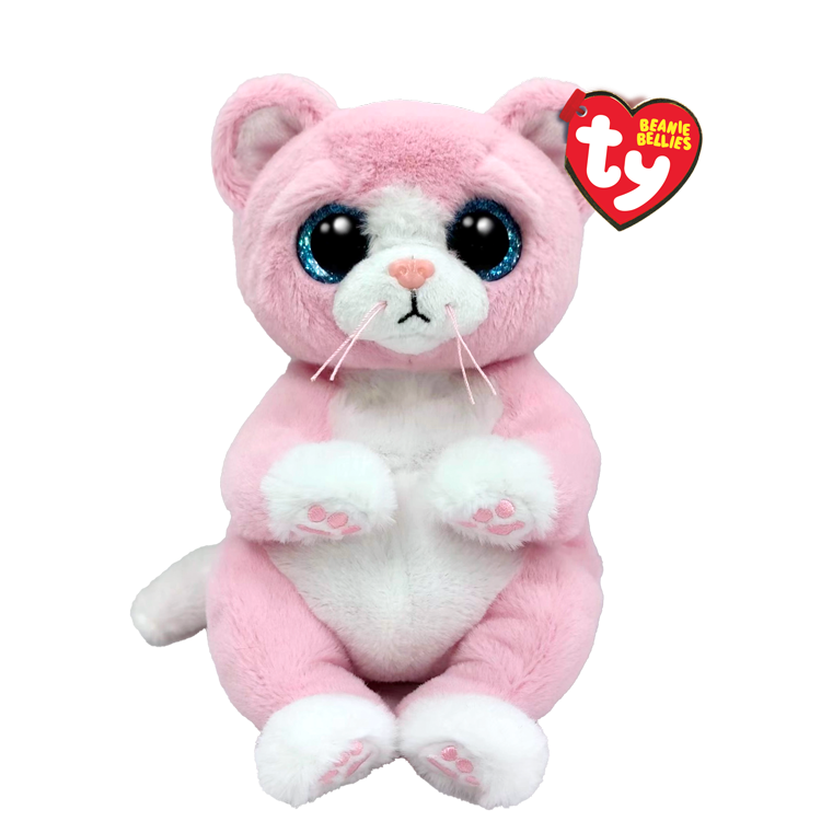 Pink and white plush toy with blue eyes and a Ty Beanie Babies tag on a white background