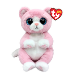 Pink and white plush toy with blue eyes and a Ty Beanie Babies tag on a white background