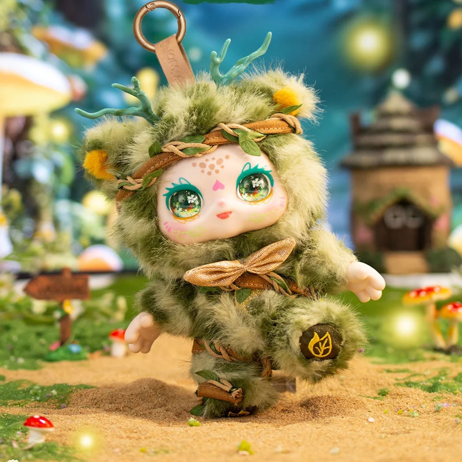 Toy figure of a character in a forest setting with blurred background