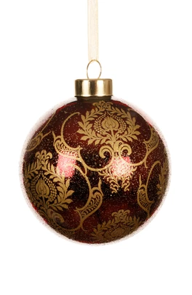 Transparent glass bauble with floral decal, gold cap, and champagne gold organza ribbon – assorted styles